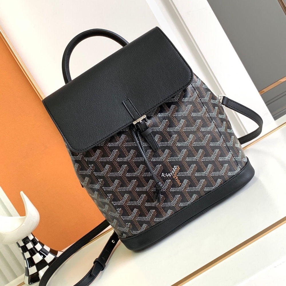 Goyard Style Black Canvas & Leather Mini Backpack